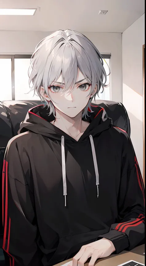 "Generate a 4k image of the badass male, with hairstylist gray hair, gray eyes, arrogantly, sitting in the living room, wearing a black hoodie."