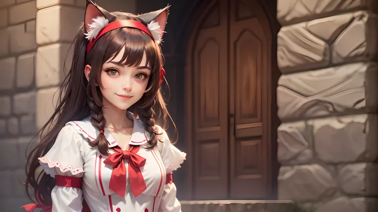 female character, cat ears, pigtail hair, dark brown hair, (((red headband))), classic pink and white clerical outfit, sweet smile, thin, d&d style --auto --s2