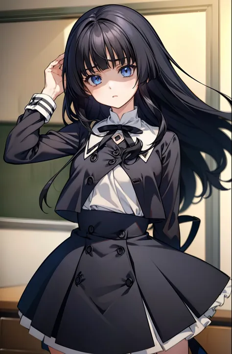 solo, (((anime girl with straight black hair))), (((straight hair))), ((hair covering eyes)), ((flat bangs)), (blank blue eyes),...