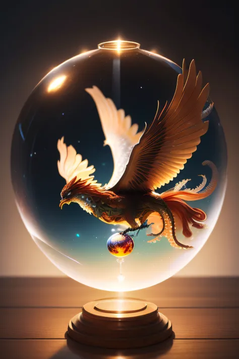 There is a bird that is flying through a glass ball, a surrealistic bird, the solarpunk phoenix, realistic fantasy illustration, surrealistic bird, Jellyfish pheonix, Described as a 3D rendering, 3d arte digital 4k, Phoenix jellyfish, bola de vidro, Arte d...