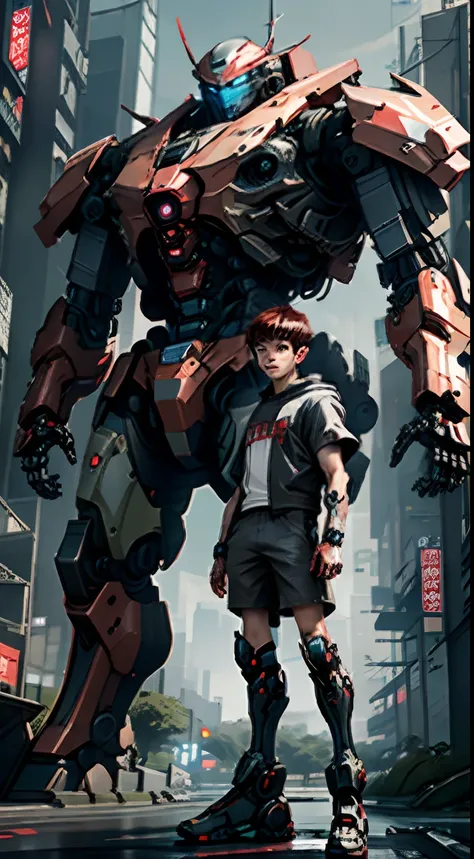 red head teen in real short sleeves stands next to a giant robot, Boy in mech cyber armor, Cyberpunk anime mech, Male mech, cgsociety and fenghua zhong, anime mecha aesthetic, mechanization, Handsome white boy cyborg, cyberpunk, green military camo, dynami...