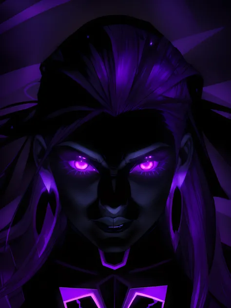 a black evil ghost face with purple hair and glowing purple eyes