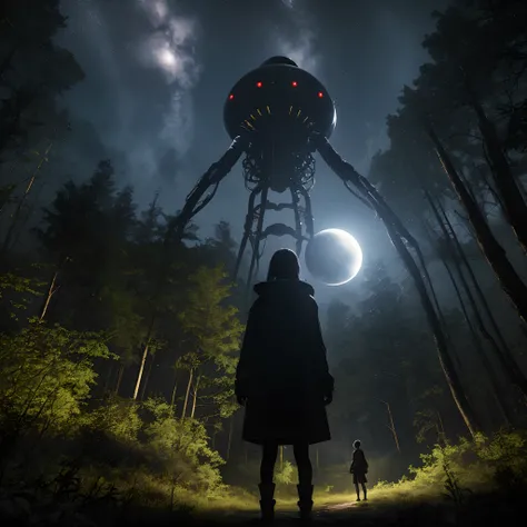 Bei Nacht, A girl stands in the middle of the forest and is kidnapped by a gigantic alien in the sky, Laser lichter, Chromatischer Freak, 8k resolution, Ultra-realistisch, Perfekte Beschattung