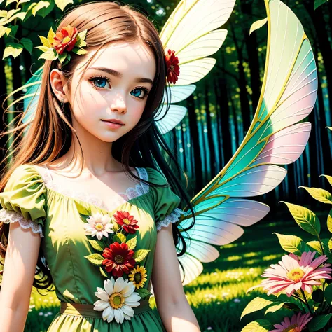 Flower Fairy, beautiful, best quality, masterpiece, ultra-detailed face, beautiful eyes, flying, sunshine, green forest, one thousand flowers, best quality, masterpiece, ultra-high quality, best solutions,