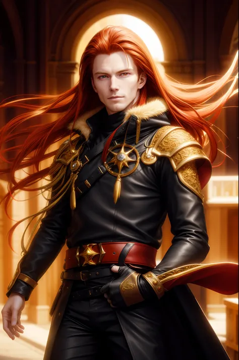 hyper realistic, full-length portrait of male in his 20s, medium straight hair covering ears redhead, heterocromi eyes one red e...