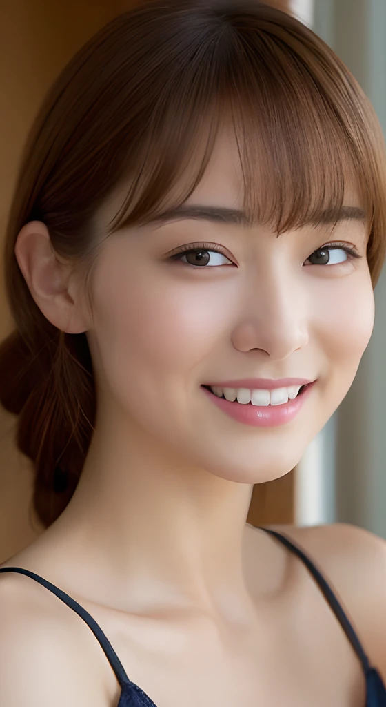 ((top-quality、8K、​masterpiece:1.3))、1girl in、Slim Abs Beauty:1.3、(Hairstyles Brown Hair Shortcuts、Colossal tits:1.2)、doress:1.1、Super fine face、Delicat eyes、二重まぶた、A smile、Home、Raw photo、Tank Tops、tits out、Sharp Eyebrows、japanes、cleavage of the breast、Slend...