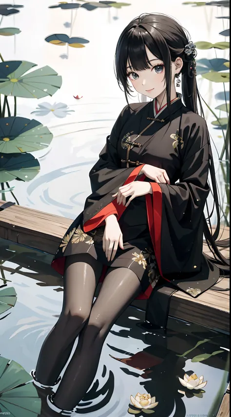 hoang lap，8K high resolution，ultra - detailed，（1girll：1.3），handpainted，Simple lines，16-year-old girl wearing black Chinese clothing，beuaty girl，In the lotus pond，tmasterpiece，Sit on a plank floating in the water，Floating hair，black pantyhoses，black pantyho...