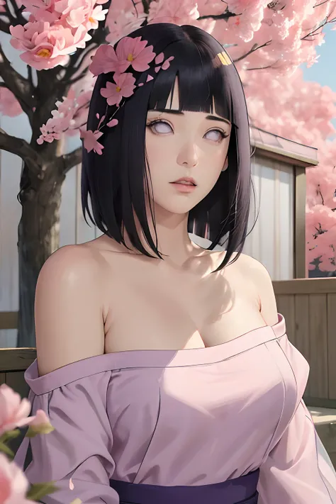 masterpiece, absurdres, hinata(boruto), 1girl, solo,mature female, off-shoulder oversized shirt, looking at viewer, (falling petals), perfect composition, detailed lips, big breast, beautiful face, body propotion, blush, (pink lips), long hair,  purple eye...