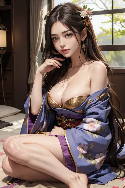 8k super-resolution、Beautuful Women、One lady、dark brown hair:1.1、hyperdetailed face、Detailed lips、significant、（Eyes are in focus）、二重まぶた、Eyes of the Princess、 beautfull Japanease woman、Beautiful Japan courtesan、You Guo、(Lying in a tatami room)、futon bedding...