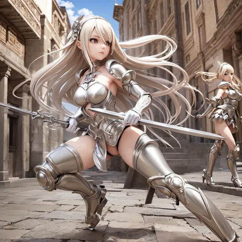 ((3D anime:1.2, Manga Claymore:1.1), best quality, detailed, high resolution, (Mascot:1.3, Clare:1.2) Silver eyes, which shine in situations of intense combat, short platinum hair, defined musculature, pale skin, warriors measuring more than 1.80 m, large ...