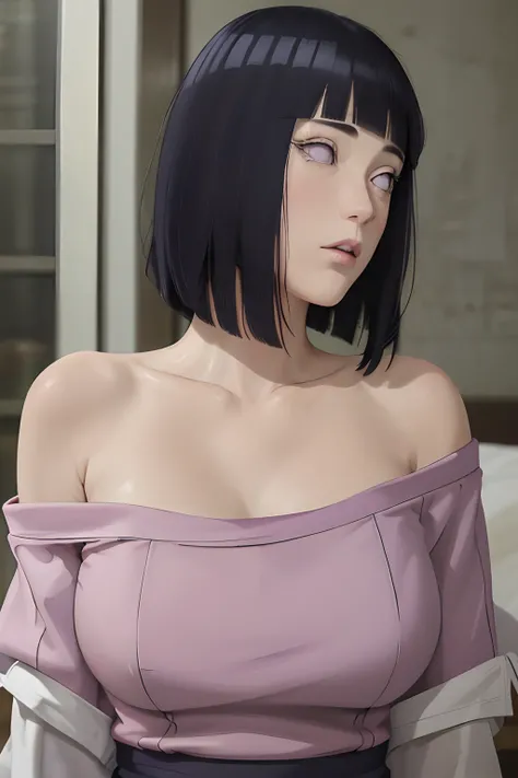 Masterpiece, absurderes, Hinata(Boruto), 1girll, Solo,Mature female, Off-the-shoulder oversized shirt, Perfectcomposition, Detailed lips, big breast, Beautiful face, body propotion, Blush, (Pink lips), Long hair,  Purple eyes,  Soft gaze,  Super realistic,...