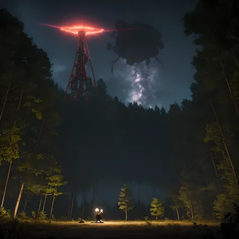 Bei Nacht, A girl kneels in the middle of the forest and is kidnapped by a gigantic alien in the sky, Laser-Feuerzeug, Chromatischer Freak, 8k resolution, Ultra-realistisch, Perfekte Beschattung