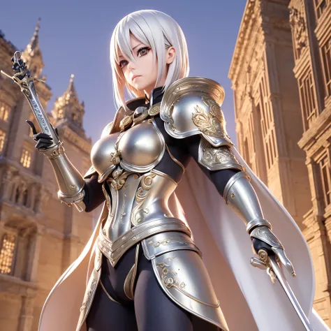 ((3D anime:1.2, Manga Claymore:1.1), best quality, detailed, high resolution, (Mascot:1.3, Clare:1.2) Silver eyes, which shine in situations of intense combat, short platinum hair, defined musculature, pale skin, warriors measuring more than 1.80 m, large ...