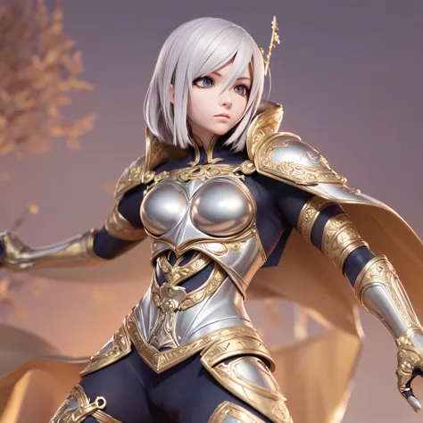 ((3D anime:1.2, Manga Claymore:1.1), best quality, detailed, high resolution, (Mascot:1.3, Clare:1.2) Silver eyes, which shine in situations of intense combat, short platinum hair, defined musculature, pale skin, warriors measuring more than 1.80 m, large ...