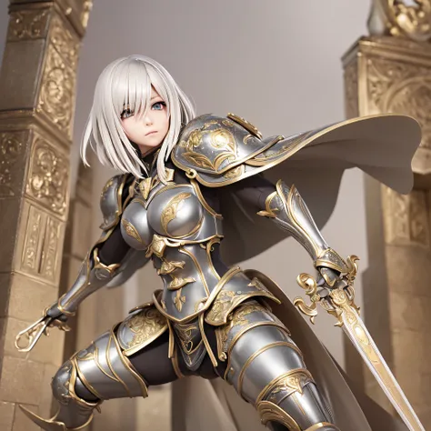 ((3D anime:1.2, Manga Claymore:1.1), best quality, detailed, high resolution, (Mascot:1.3, Clare:1.2) Silver eyes, which shine in situations of intense combat, short platinum hair, defined musculature, pale skin, warriors measuring more than 1.80 m, large ...