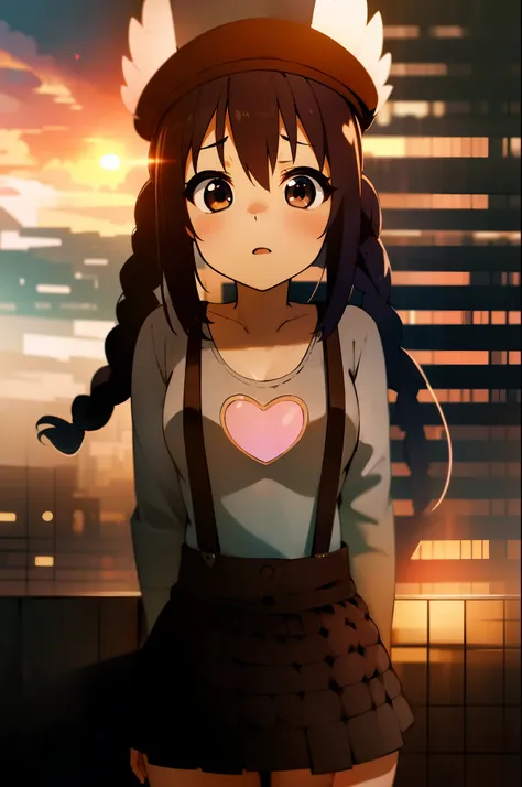 1girl, (((​masterpiece))), top-quality, top-quality, High Details, nakano azusa, 1girl, Twin-tailed, length hair, A dark-haired, brown-eyed, Gray T-shirt.suspenders.a black skirt.illustratio, comic strip, soothing tones, Subdued Color, Soft cinematic light...