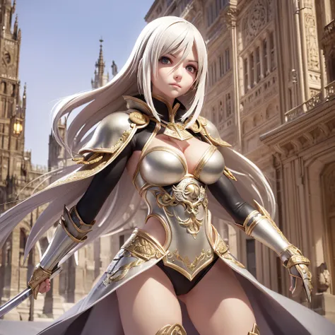 ((3D anime:1.2, Manga Claymore:1.1), best quality, detailed, high resolution, (Pet:1.3, Clare:1.2) Silver eyes, which glow in intense combat situations, short platinum hair, defined musculature, pale skin , female warriors measuring over 1.80 m, large swor...