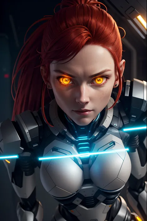 highres, highest quallity, illustration, ultra detailed, (detailed face), (detailed eyes), cinematic lighting, best quality, hyper detailed, masterpiece,1girl, solo, red hair, yellow eyes, bangs, ponytail, mechanical spine, exosuit, wires and cables, lumin...