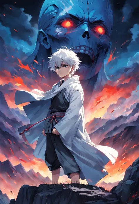 The boy with white hair，The arm is wrapped around a bandage，Standing in the mountain of corpses