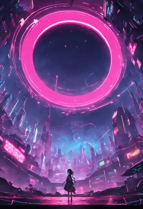 "Immersed in a cyberpunk-inspired, neon-drenched world, captivated by the surreal sight of a ring-shaped planet dominating the sky, filled with mesmerizing digital artistry."