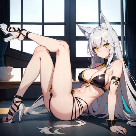 Anime girl, silver hair, yellow eyes, wolf ears, sexy, full body shot