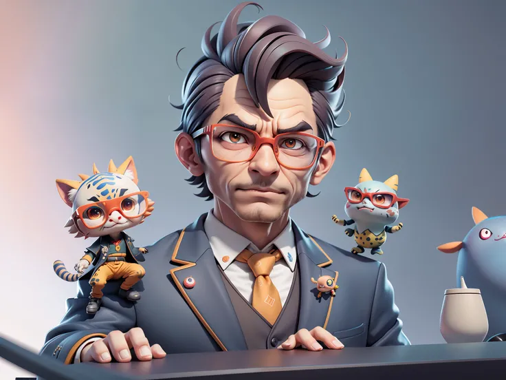 A young man in a suit, Short hair and glasses sat at his desk，holding laptop，digitial painting，tigre，3D character design by Mark Clairen and Pixar and Hayao Miyazaki and Akira Toriyama，4K HD illustration，Very detailed facial features and cartoon-style visu...