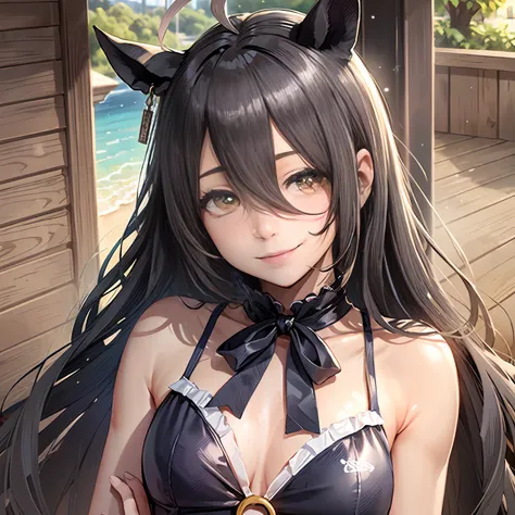 ((masutepiece, Best quality)),(1girll,Solo:1.2),Manhattan Cafe,Horse girl,Horse Ears,Hair_between_Eyes,ahoge,Long_Hair, black_Hair,Yellow_Eyes,(swimsuit:1.2),(the ribs:1.1),Small breasts,Upper body,Smile,Sea,