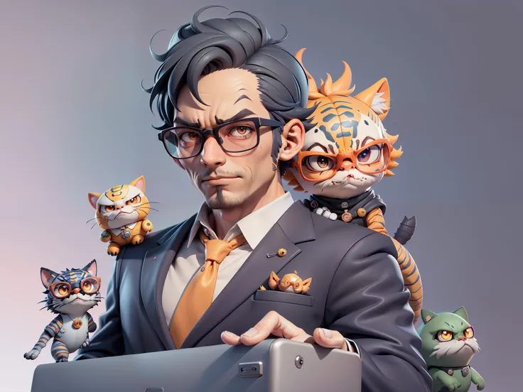 A young man in a suit, Short hair and glasses sat at his desk，holding laptop，digitial painting，tigre，3D character design by Mark Clairen and Pixar and Hayao Miyazaki and Akira Toriyama，4K HD illustration，Very detailed facial features and cartoon-style visu...