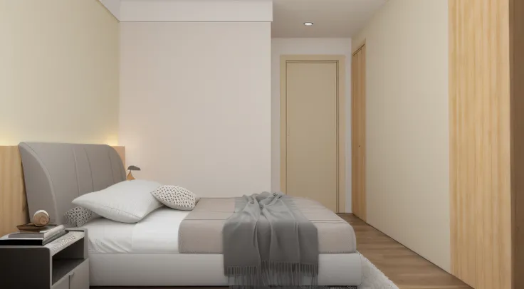 The room had a bed with blankets and pillows, small bedroom, muted colors with minimalism, Bedroom interior, Render in Vray, vray rendered, cream - colored room, rendered in vray, render vray, flat grey, Small room, sand - colored walls, beige color scheme...