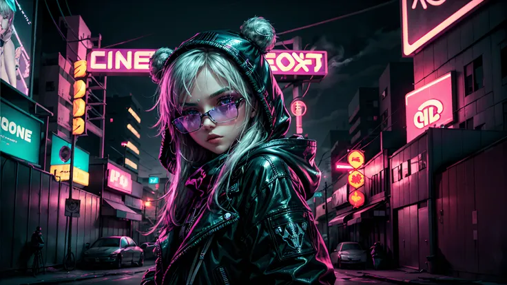 （（best qualtiy））， （（tmasterpiece））， （The is very detailed：1.3）， 3D，NeonNoir，Beautiful cyberpunk loli，（Oversized teddy bear：1）（Wearing sunglasses：1.2），（diamond-shaped pupils：1.2），Wears a long hooded cape，Smoking a cigarette，good body，Purple neon on the moni...