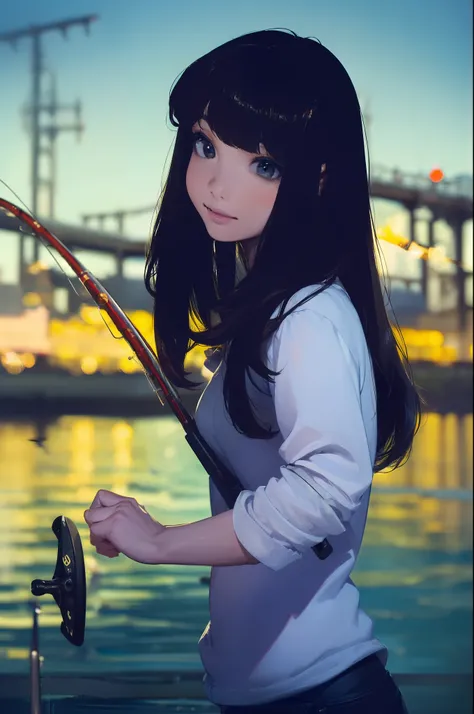 ((((having a fishing rod with a reel by the lakeside:1.5)))),((Female 28 years old)),((Best Quality:1.5)),((((Hands with the correct number and structure of fingers:1.5)))),((Big fish:1.37)),hight resolution,ultra-detailliert,​masterpiece,best qualtiy,(Eig...