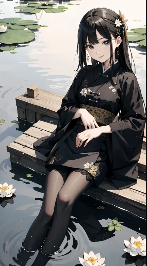 hoang lap，8K high resolution，ultra - detailed，（1girll：1.3），handpainted，Simple lines，16-year-old girl wearing black Chinese clothing，beuaty girl，In the lotus pond，tmasterpiece，Sit on a plank floating in the water，Floating hair，black pantyhoses，black pantyho...