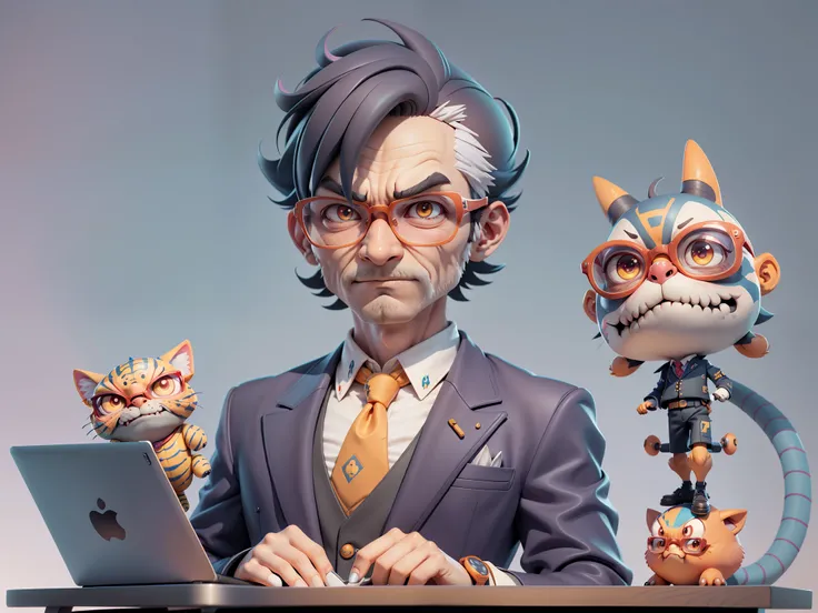 A young man in a suit, Short hair and glasses sat at his desk，holding laptop，digitial painting，tigre，3D character design by Mark Clairen and Pixar and Hayao Miyazaki and Akira Toriyama，4K HD illustration，Very detailed facial features and cartoon-style visu...