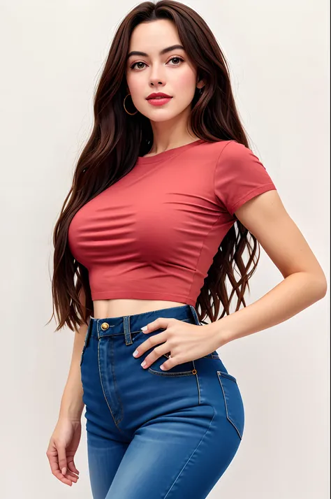 uma mulher em um top cropped e jeans posa para uma foto, topo de corte, Topo de colheita, usando roupas simples e apertadas, camisa apertada, usando um top cropped sexy, com corte rasgado t - camisa, camisa vermelha, cintura magra e quadris grossos, usando...