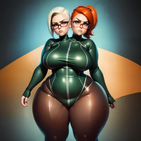 (2heads),A 2D casual game character, the geek girl character,1girl,platinum blonde,redhead,ponytail, chubby,curvy,cute, sad, angry, happy, excited, anxious, happy, laughing, ultra detailed, stylized, skintight suit,high quality digital art,mugshot,full bod...