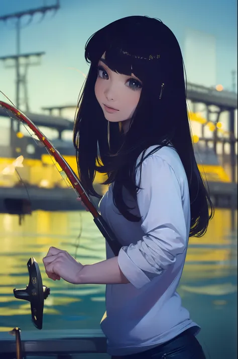 ((((having a fishing rod with a reel by the lakeside:1.5)))),((Female 28 years old)),((Best Quality:1.5)),((((Hands with the correct number and structure of fingers:1.5)))),((Big fish:1.37)),hight resolution,ultra-detailliert,​masterpiece,best qualtiy,(Eig...