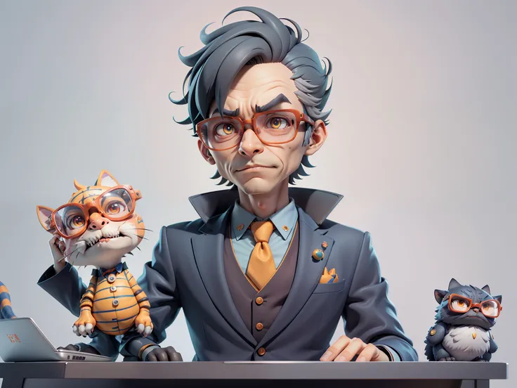 A young man in a suit, Short hair and glasses sat at his desk，holding laptop，digitial painting，tigre，3D character design by Mark Clairen and Pixar and Hayao Miyazaki and Akira Toriyama，4K HD illustration，Very detailed facial features and cartoon-style visu...