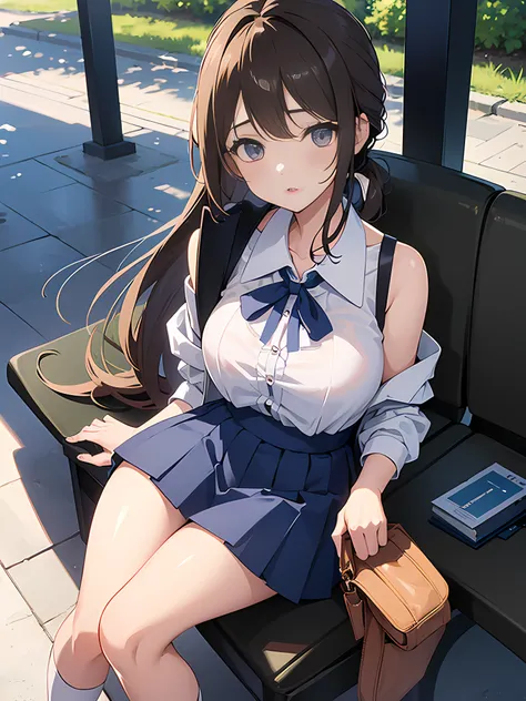 at a train station, summer, sweat and wet clothes, translucent blouse, a beautiful girl, high school student, /(beautiful perfect detailed eyes, thin lips, tapered hands and long thin detailed fingers, hourglass shaped athletic body, shapely legs, white sk...