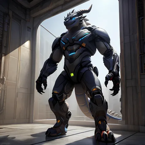 An advanced bionic mech, cybrog, anthro, dragon, male, full body, Delicate face, Delicate eyes, 1 tail, (glowing LED), energy, digitigrade,Standing on the tiles in the apartment， extremely detailed CG unity 8k wallpaper, realistic, masterpiece, highest qua...