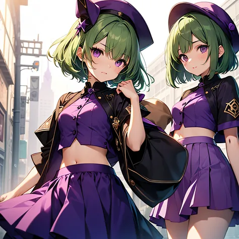 top-quality、extremely delicate and beautiful、((sisterhood)）、(A teenage girl)、Purple Eye、(Green hair)、(short-haired)、(Purple pointy hat)、Purple tie、shortsleeves、Purple skirt、Navel、shortsleeves、Purple skirt、is standing