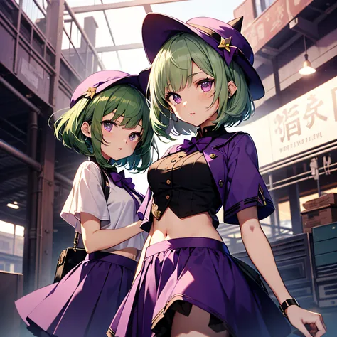 top-quality、extremely delicate and beautiful、((sisterhood)）、(A teenage girl)、Purple Eye、(Green hair)、(short-haired)、(Purple pointy hat)、Purple tie、shortsleeves、Purple skirt、Navel、shortsleeves、Purple skirt、is standing