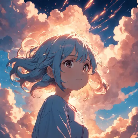 masterpiece, best quality, movie still, 1girl, cloud girl, floating in the sky, close-up, bright, happy, warm soft lighting, sunset, (sparks:0.7)