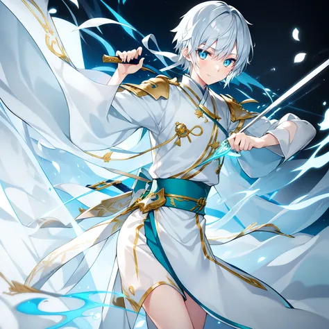 white  hair　swordsmen　knives　hairstyle short hair　light blue hair ornament　knife colorssilver and gold　yuki　a cute boy　14years　o...