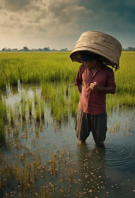 a man standing in a body of water with a hat on his head and a bunch of rice in his hand; ecological art, an impressionist painting, Adrian Zingg, cinematic photography