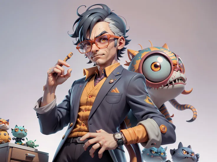 A young man in a suit, Short hair and glasses sat at his desk，holding laptop，digitial painting，tigre，3D character design by Mark Clairen and Pixar and Hayao Miyazaki and Akira Toriyama，4K HD illustration，Very detailed facial features and cartoon-style visu...