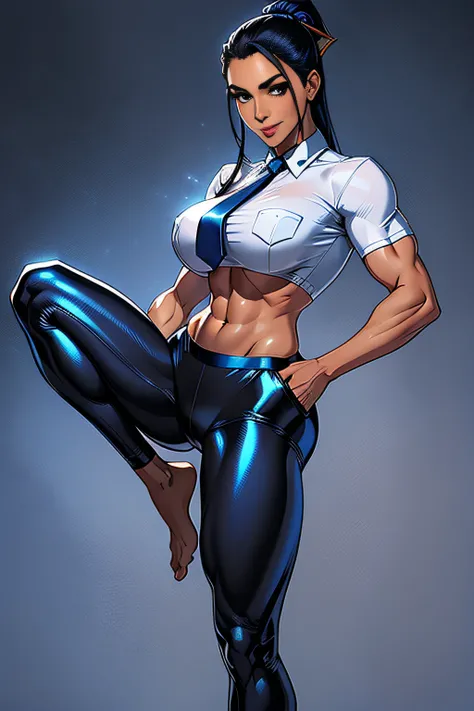 1. Alafe Street Fighter、Metallic Sky Blue and Metallic Black Martial Arts Uniforms、Big breasts about to burst、Shirt with metallic white breast pockets、breasts pocket、neck tie、spats、thin and long legs,、Pose ready to fight、Fitness Model、musculature、abdominal...