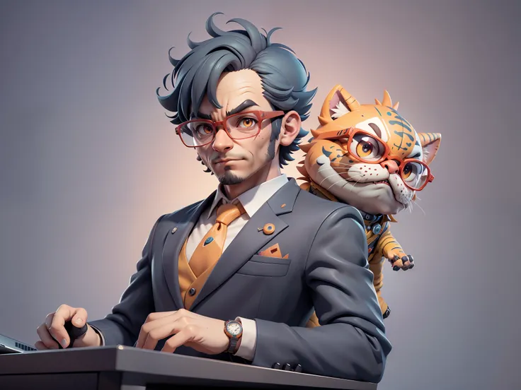 A young man in a suit, Short hair and glasses sat at his desk，holding laptop，digitial painting，tigre，3D character design by Mark Clairen and Pixar and Hayao Miyazaki and Akira Toriyama，4K HD illustration，Very detailed facial features and cartoon-style visu...