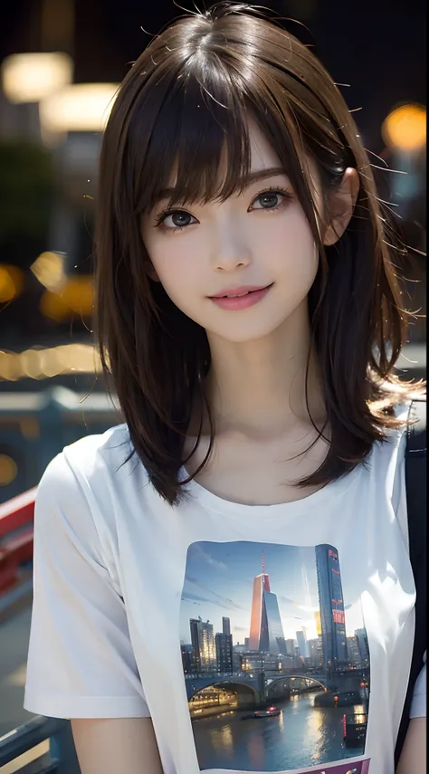 Masterpiece, one beautiful woman, detailed face, detailed eyes, detailed skin, top quality, Japanese, brightly lit from the front, professional lighting, facing straight on, background slightly blurry, London cityscape in background (on bridge), smiling, b...