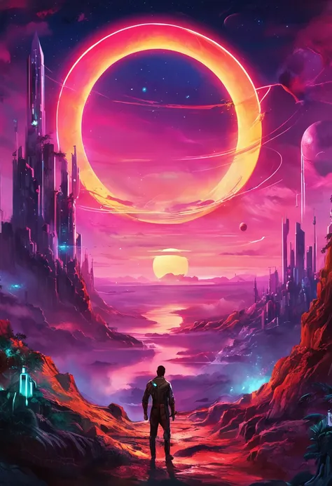 "Immersed in a cyberpunk-inspired, neon-drenched world, captivated by the surreal sight of a ring-shaped planet dominating the sky, filled with mesmerizing digital artistry."