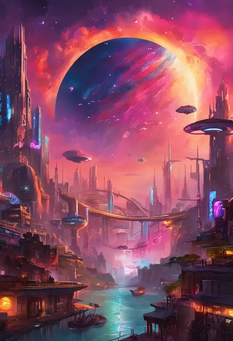 "Immersed in a cyberpunk-inspired, neon-drenched world, captivated by the surreal sight of a ring-shaped planet dominating the sky, filled with mesmerizing digital artistry."